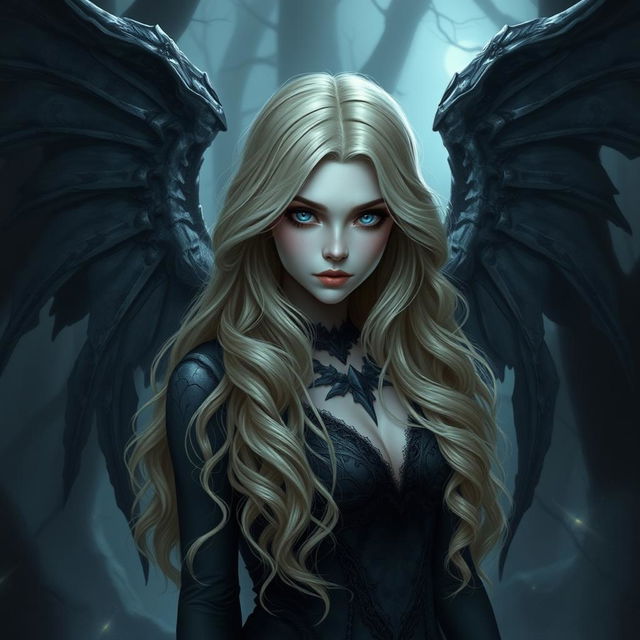 A beautifully rendered dark fantasy character, a gothic cursed fallen aasimar