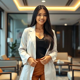 A strikingly beautiful South Korean doctor with large breasts, playfully flirting while dressed in a tailored white lab coat over chic, fashionable clothes