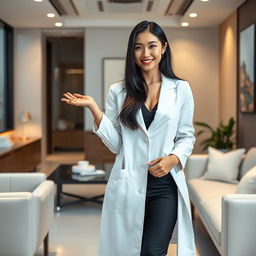 A strikingly beautiful South Korean doctor with large breasts, playfully flirting while dressed in a tailored white lab coat over chic, fashionable clothes