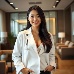 A strikingly beautiful South Korean doctor with large breasts, playfully flirting while dressed in a tailored white lab coat over chic, fashionable clothes