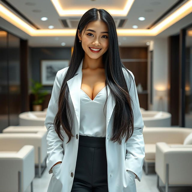 A strikingly beautiful South Korean doctor with large breasts, playfully flirting while dressed in a tailored white lab coat over chic, fashionable clothes