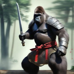 A hyper-realistic digital art image showcasing a brave gorilla as a samurai