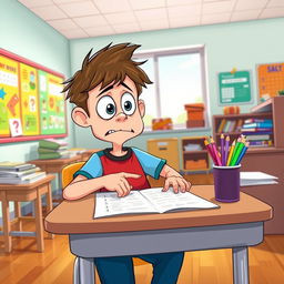 A cartoon scene depicting a young boy sitting at a teacher's desk, looking nervous and anxious as he points at the wrong answer on his test paper