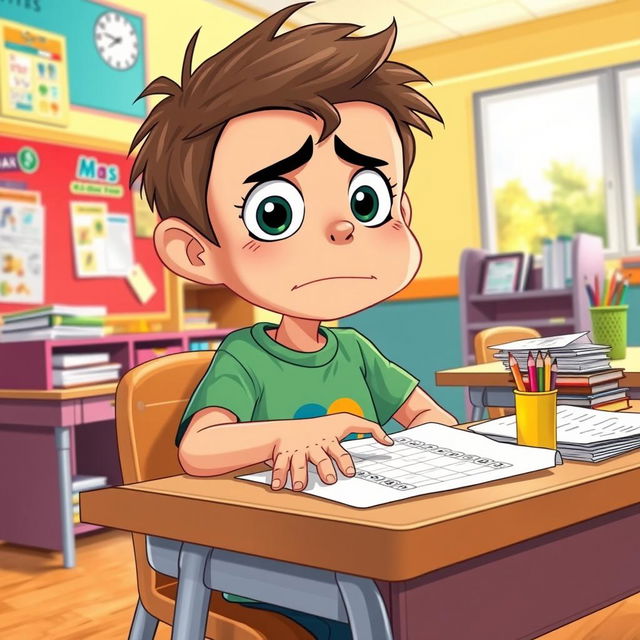 A cartoon scene depicting a young boy sitting at a teacher's desk, looking nervous and anxious as he points at the wrong answer on his test paper