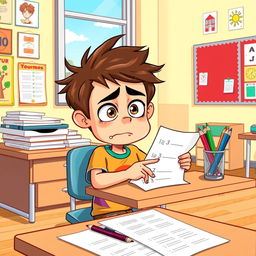 A cartoon scene depicting a young boy sitting at a teacher's desk, looking nervous and anxious as he points at the wrong answer on his test paper