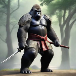 A hyper-realistic digital art image showcasing a brave gorilla as a samurai