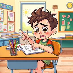 A cartoon scene depicting a young boy sitting at a teacher's desk, looking nervous and anxious as he points at the wrong answer on his test paper
