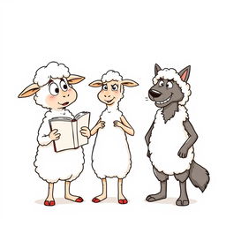 A single-panel cartoon depicts three anthropomorphic characters: two sheep and a wolf in a poorly disguised sheepskin