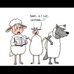 A single-panel cartoon depicts three anthropomorphic characters: two sheep and a wolf in a poorly disguised sheepskin