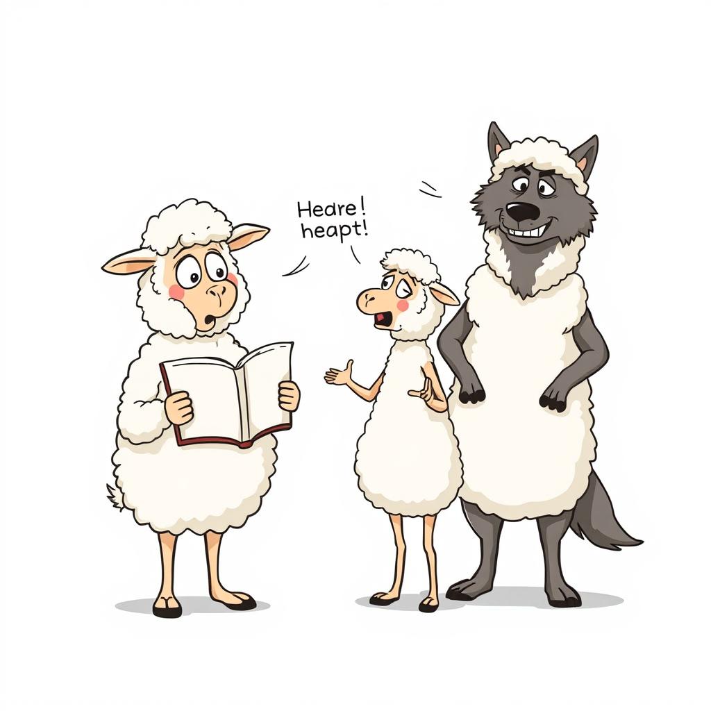 A single-panel cartoon depicts three anthropomorphic characters: two sheep and a wolf in a poorly disguised sheepskin