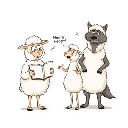 A single-panel cartoon depicts three anthropomorphic characters: two sheep and a wolf in a poorly disguised sheepskin