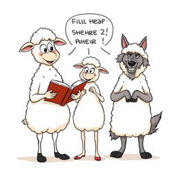 A single-panel cartoon depicts three anthropomorphic characters: two sheep and a wolf in a poorly disguised sheepskin