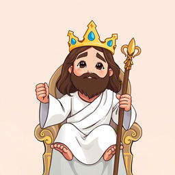 A cartoon-style depiction of Jesus sitting on a chair, wearing a crown and holding a staff
