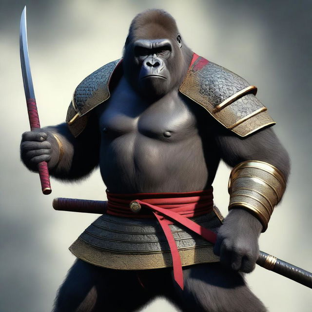 A hyper-realistic digital art image showcasing a brave gorilla as a samurai