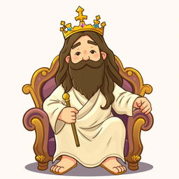 A cartoon-style depiction of Jesus sitting on a chair, wearing a crown and holding a staff