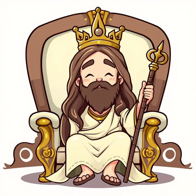 A cartoon-style depiction of Jesus sitting on a chair, wearing a crown and holding a staff