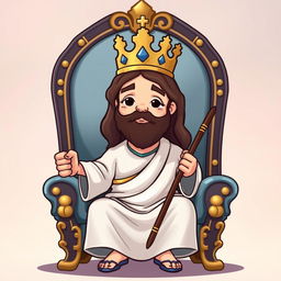 A cartoon-style depiction of Jesus sitting on a chair, wearing a crown and holding a staff