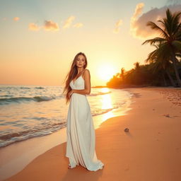 A serene beach scene featuring a model wearing a flowing white outfit, standing gracefully at the water's edge