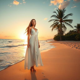 A serene beach scene featuring a model wearing a flowing white outfit, standing gracefully at the water's edge