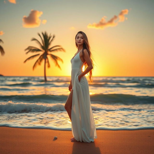 A serene beach scene featuring a model wearing a flowing white outfit, standing gracefully at the water's edge