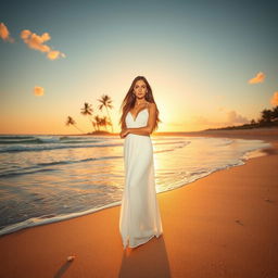 A serene beach scene featuring a model wearing a flowing white outfit, standing gracefully at the water's edge