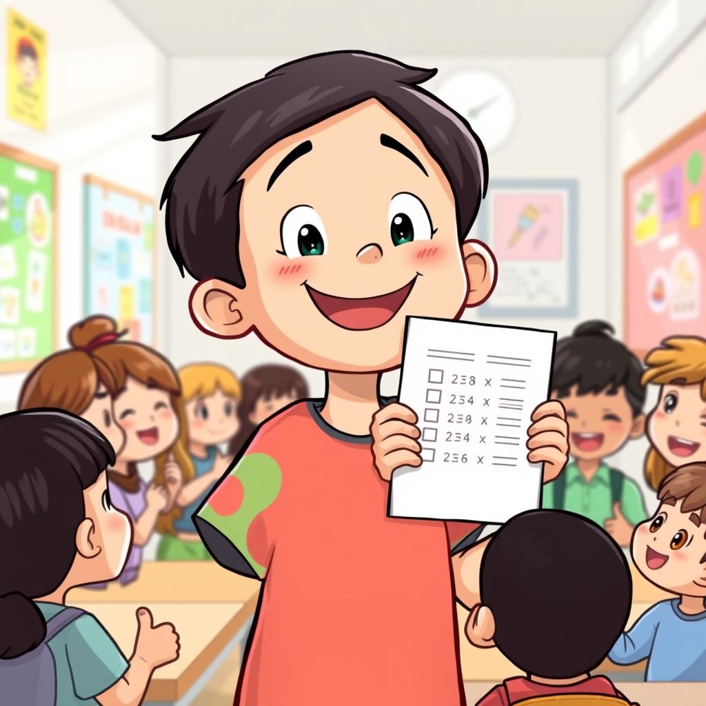 A cartoon scene featuring a young boy with a bright smile, exuding confidence as he holds up his corrected test paper with pride