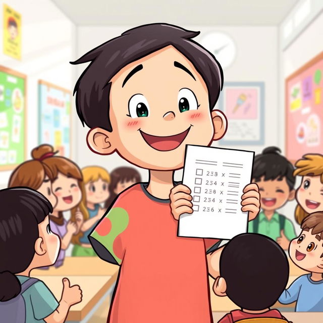 A cartoon scene featuring a young boy with a bright smile, exuding confidence as he holds up his corrected test paper with pride