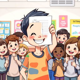 A cartoon scene featuring a young boy with a bright smile, exuding confidence as he holds up his corrected test paper with pride