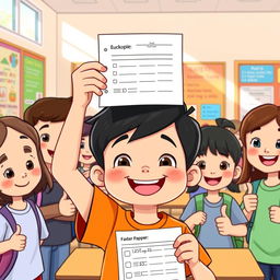 A cartoon scene featuring a young boy with a bright smile, exuding confidence as he holds up his corrected test paper with pride