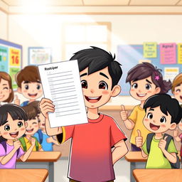 A cartoon scene featuring a young boy with a bright smile, exuding confidence as he holds up his corrected test paper with pride
