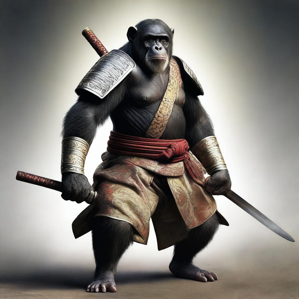 A hyper-realistic digital art image featuring a brave chimpanzee as a samurai