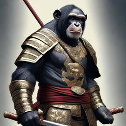 A hyper-realistic digital art image featuring a brave chimpanzee as a samurai