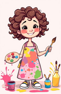 A whimsical cartoon illustration of a girl with curly hair who is painting