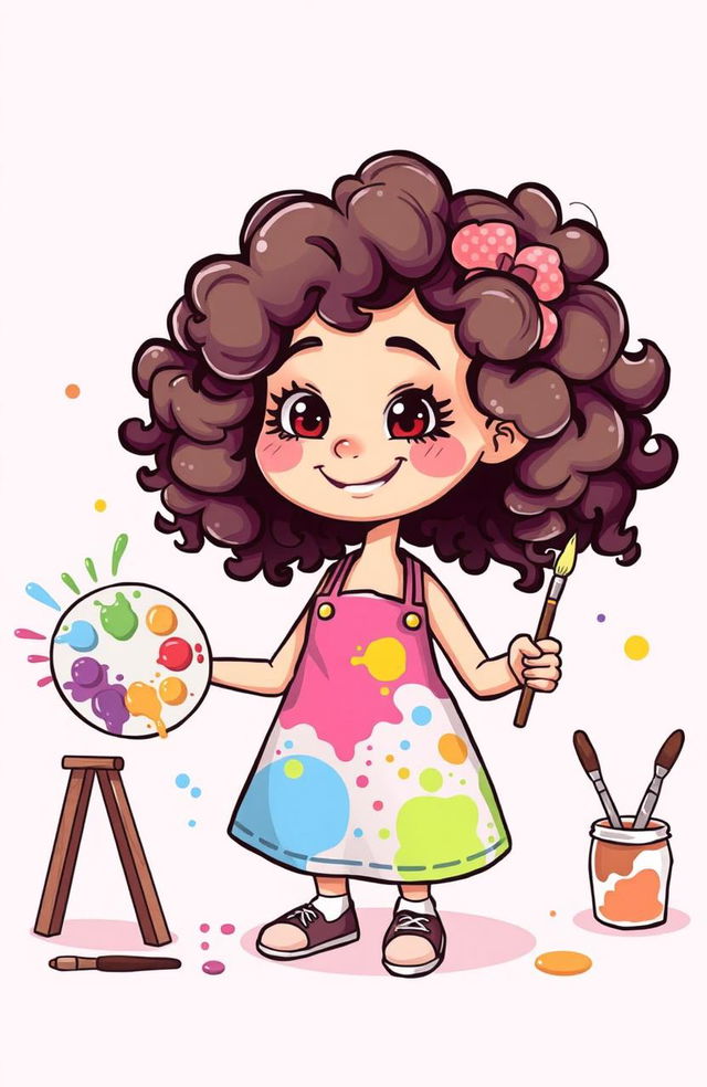 A whimsical cartoon illustration of a girl with curly hair who is painting