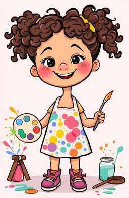 A whimsical cartoon illustration of a girl with curly hair who is painting