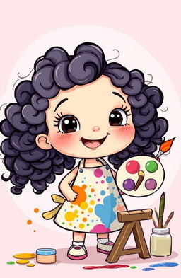A whimsical cartoon illustration of a girl with curly hair who is painting