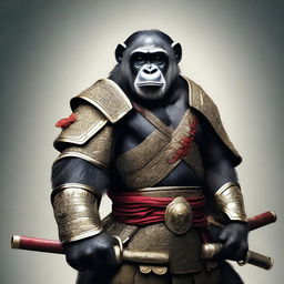 A hyper-realistic digital art image featuring a brave chimpanzee as a samurai