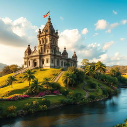 A majestic castle situated on a lush green hillside in Java, Indonesia, with intricate Javanese architecture featuring ornate carvings and colorful banners fluttering in the wind