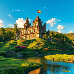 A majestic castle situated on a lush green hillside in Java, Indonesia, with intricate Javanese architecture featuring ornate carvings and colorful banners fluttering in the wind