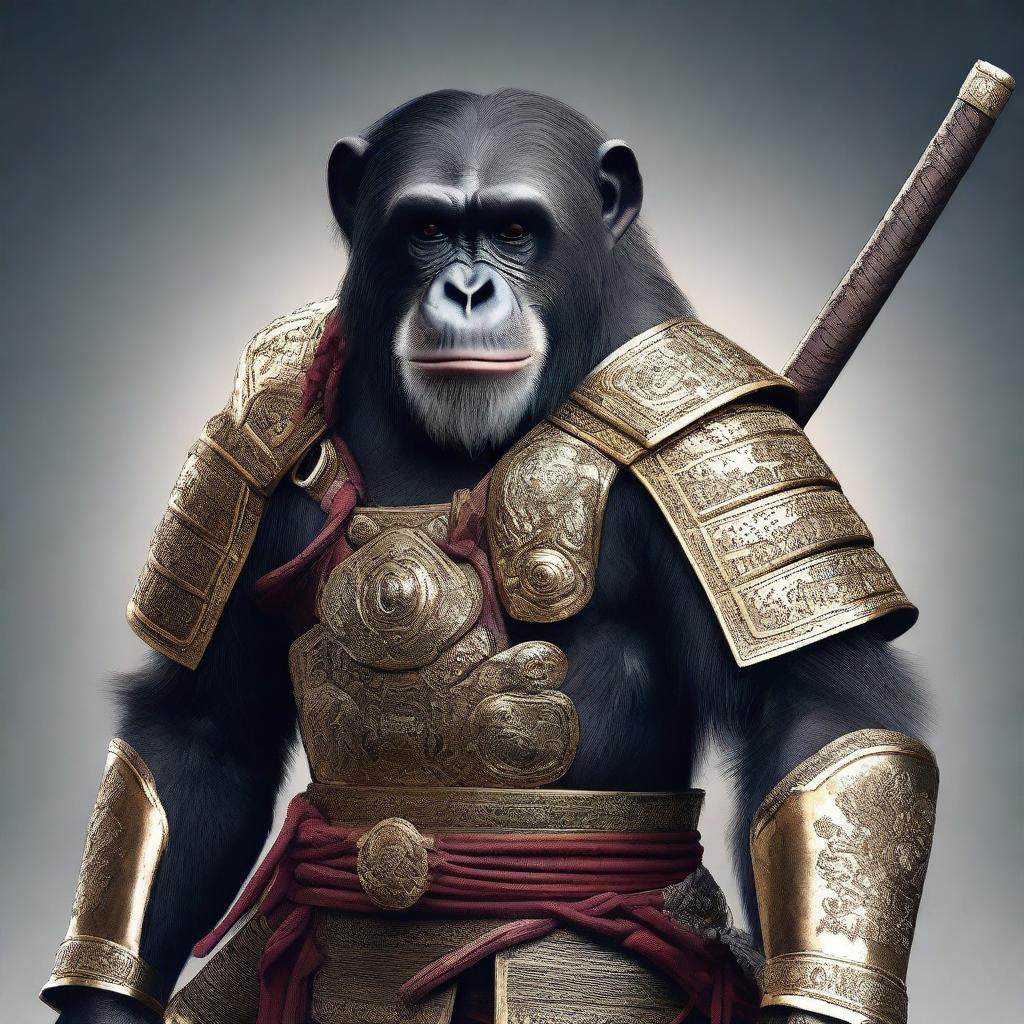 A hyper-realistic digital art image featuring a brave chimpanzee as a samurai