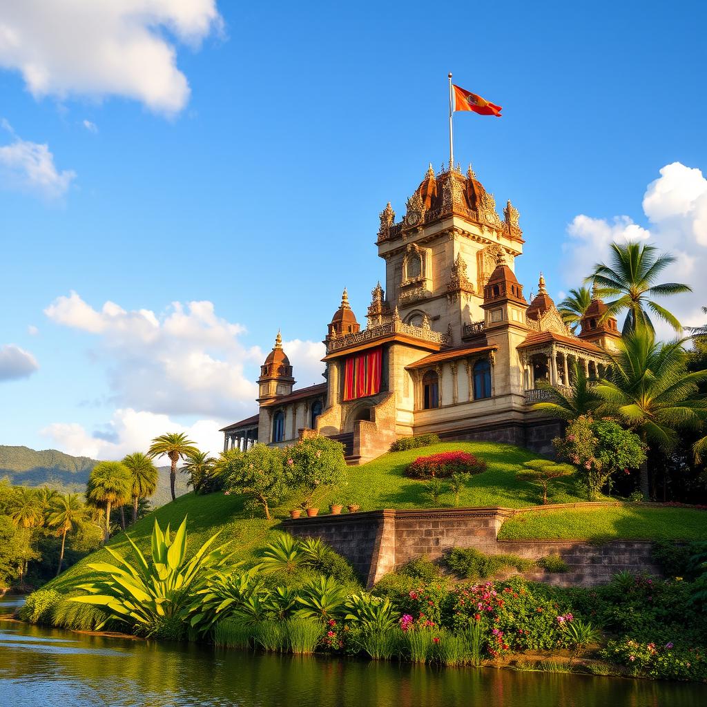 A majestic castle situated on a lush green hillside in Java, Indonesia, with intricate Javanese architecture featuring ornate carvings and colorful banners fluttering in the wind