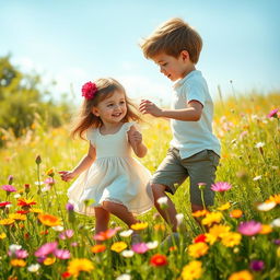 A beautiful and artistic depiction of a boy and girl, symbolically representing innocence and friendship, playing together in a sunlit meadow filled with vibrant wildflowers