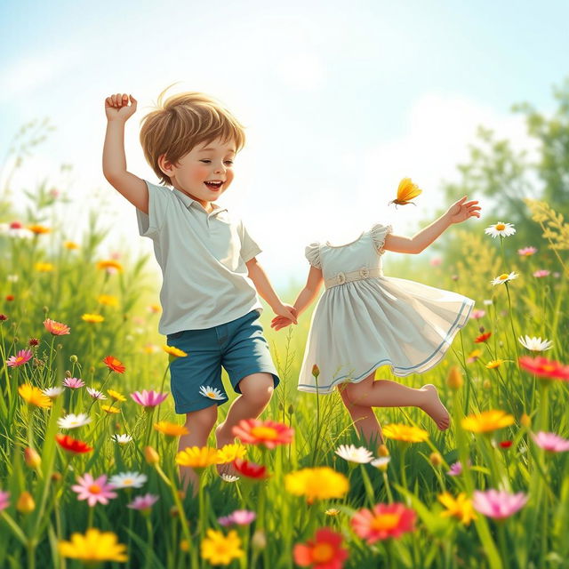 A beautiful and artistic depiction of a boy and girl, symbolically representing innocence and friendship, playing together in a sunlit meadow filled with vibrant wildflowers