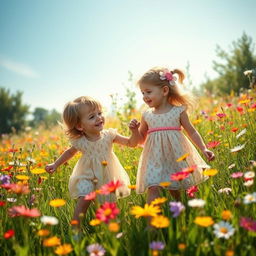 A beautiful and artistic depiction of a boy and girl, symbolically representing innocence and friendship, playing together in a sunlit meadow filled with vibrant wildflowers