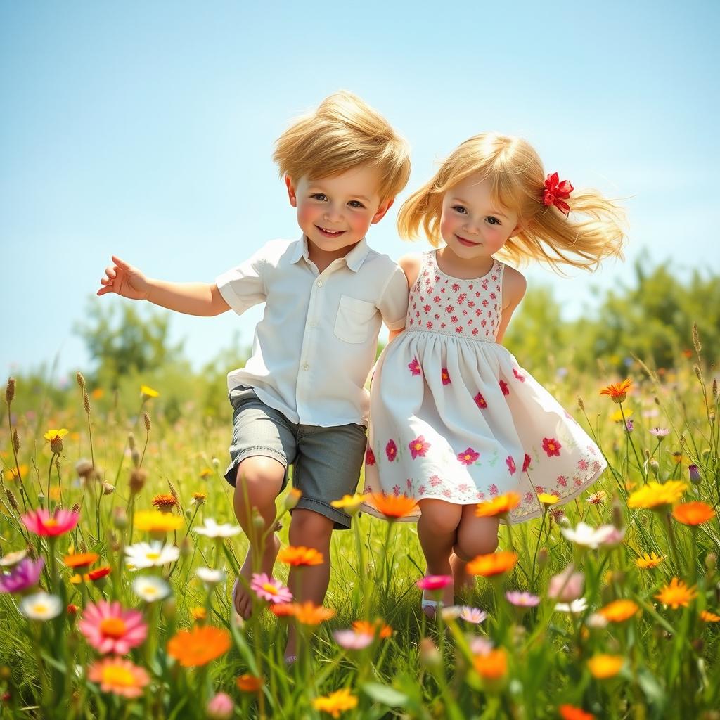 A beautiful and artistic depiction of a boy and girl, symbolically representing innocence and friendship, playing together in a sunlit meadow filled with vibrant wildflowers