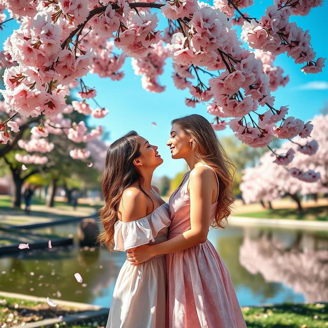 A romantic scene featuring two beautiful women sharing a loving kiss under a cherry blossom tree in full bloom, with petals gently falling around them