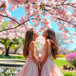 A romantic scene featuring two beautiful women sharing a loving kiss under a cherry blossom tree in full bloom, with petals gently falling around them