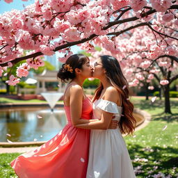 A romantic scene featuring two beautiful women sharing a loving kiss under a cherry blossom tree in full bloom, with petals gently falling around them