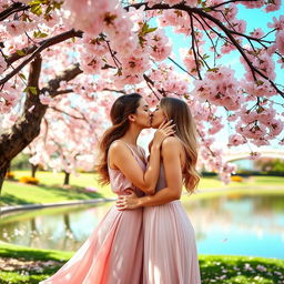 A romantic scene featuring two beautiful women sharing a loving kiss under a cherry blossom tree in full bloom, with petals gently falling around them