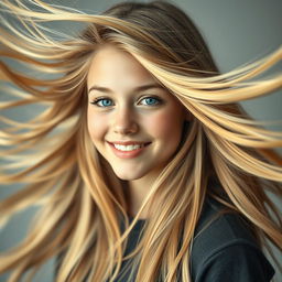 A stunning portrait of a teenage model with exceptionally long, flowing blonde hair, captured mid-motion as her hair flies dramatically in the air